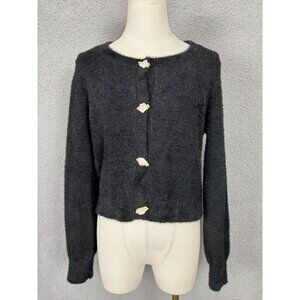 Madden Girl  Women's Black Fuzzy Sweater With Flower Buttons M NWT's.